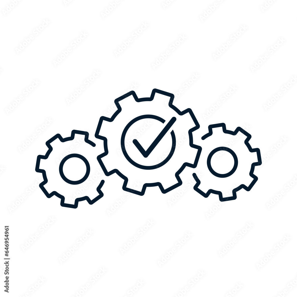 Poster gears and a tick. workflow confirmation concept. vector icon isolated on white background.