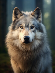 Naklejka na ściany i meble adult gray wolf, long voluminous hairstyle, looking into the camera, piercing blue eyes, in a misty forest at dawn, ethereal atmosphere