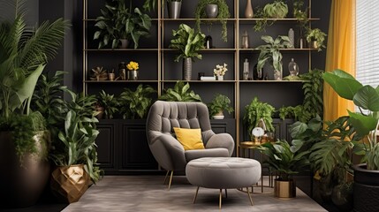 Urban jungle concept: creatively designed living room with armchair, coffee table, plants, and golden accessories.