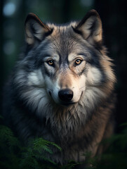 Fototapeta premium adult gray wolf, long voluminous hairstyle, looking into the camera, piercing blue eyes, in a misty forest at dawn, ethereal atmosphere