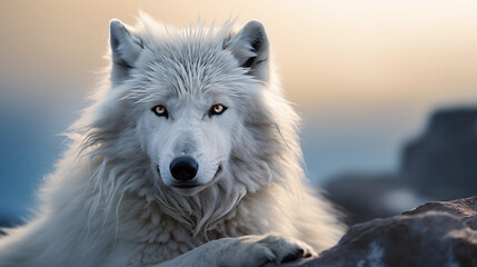 Obraz premium a white Arctic wolf with a luxuriously long and voluminous hairstyle, icy backdrop, dramatic contrast, subtle rim lighting