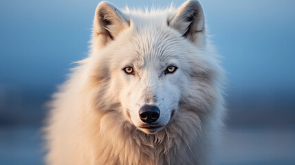 Fototapeta premium a white Arctic wolf with a luxuriously long and voluminous hairstyle, icy backdrop, dramatic contrast, subtle rim lighting