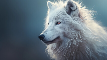 a white Arctic wolf with a luxuriously long and voluminous hairstyle, icy backdrop, dramatic contrast, subtle rim lighting