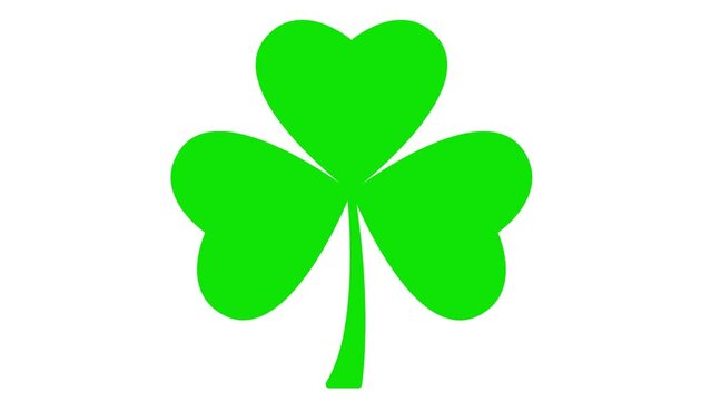 Animated green symbol of leaf of clover. Icon of irish plant. Concept of Patrick's Day. Looped video. Flat vector illustration isolated on white background.