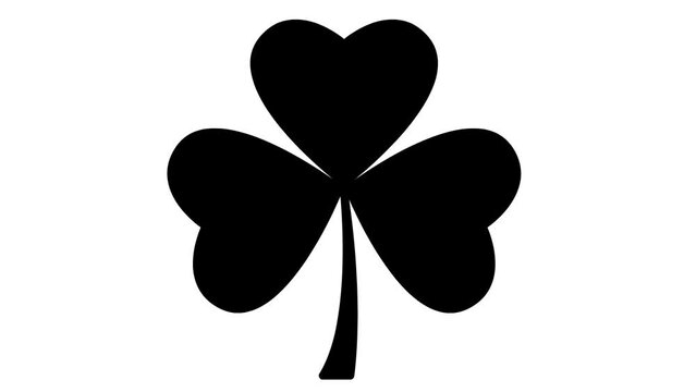 Animated black symbol of leaf of clover. Icon of irish plant. Concept of Patrick's Day. Looped video. Flat vector illustration isolated on white background.