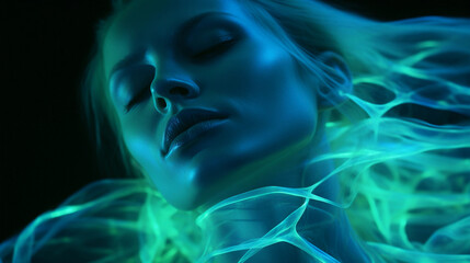 Collagen fibers, fiber optic lighting, ethereal 3D visual with neon blue and green, symbolic of skin elasticity