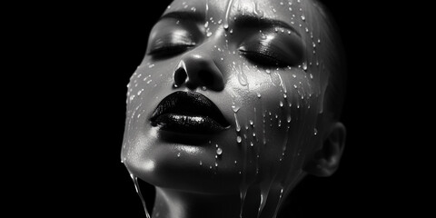 Chemical peel process, black and white, high contrast, droplets of chemical solution interacting with skin, elegant yet clinical