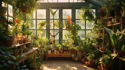 Fototapeta na wymiar The home garden interior is filled with a variety of beautiful plants in different pots, creating a stylish and jungle like atmosphere.