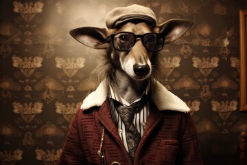 A dog wearing glasses and a jacket. Imaginary photorealistic image.