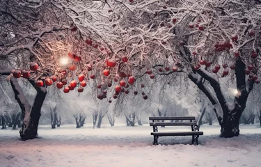 Fotobehang Winter landscape of frosty trees, white snow © Rayhanbp