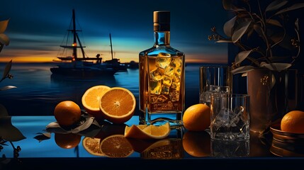 Bottle of whiskey with ice cubes and orange slices on blue background.