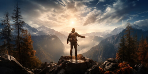 A young man with a backpack on top of a hill looking up at the sky and trusting his life to God Generative AI Illustration