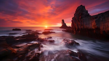 Panorama of a beautiful sunset over the rocks on the Atlantic Ocean in Portugal