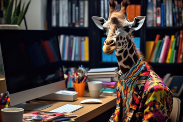 Naklejki  A giraffe wearing a colorful shirt sitting in front of a computer in room full of books.