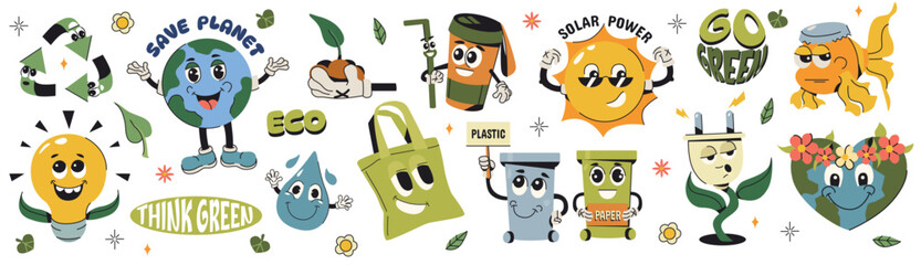 Flat set stickers of save the planet in trendy groovy style. Funny and cute characters eco friendly labels or badges collection isolated on white background. World environment concept.