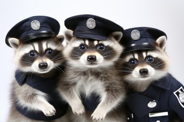 Three little raccoons dressed in police uniforms. Imaginary photorealistic image.