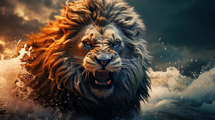A powerful lion the beast symbolizing the Babylonian empire in the book of Daniel in the Bible Generative AI Illustration - obrazy, fototapety, plakaty