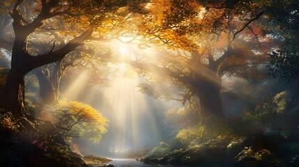 Autumn forest and sunbeams - panoramic background.