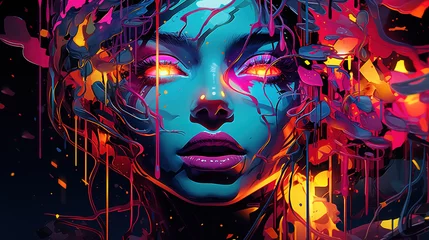 Fotobehang digital illustration war painting in the face of neon woman girl female cyberpunk city humanoid robot artificial intelligence capabilities technology feature power beauty sensuality Generative AI © Siqarus