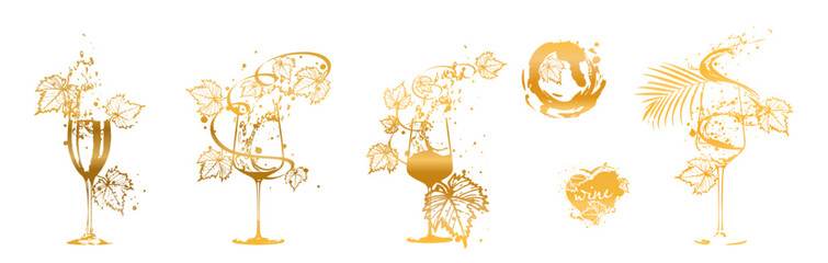 Wine icons for wine events. Hand drawn elements for invitation cards, advertising banner and menu cards. Splashing wine. Sketch vector illustration. 