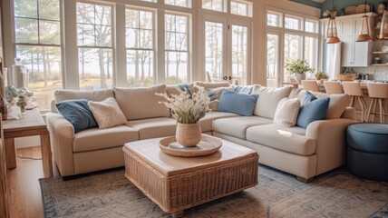 Living room decor, home interior design . Coastal Farmhouse style with Large windows decorated with Wood and Wicker material . Generative AI AIG26.