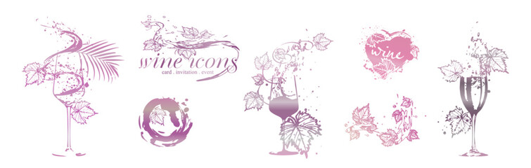 Collection of wine elements - Wine designs. Sketch vector illustration. Hand drawn elements for invitation cards, advertising banner and menu cards. Colorful wine glasses with splashing wine.