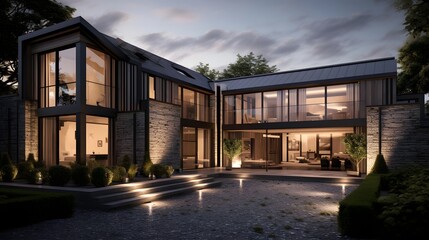 Modern house with garden and pool at dusk. Panoramic view.