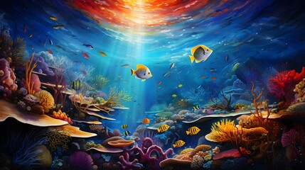 Obraz na płótnie Canvas Underwater scene with fishes and coral reef - panoramic view