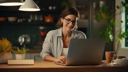 Businesswoman uses computer at the kitchen table.  - obrazy, fototapety, plakaty