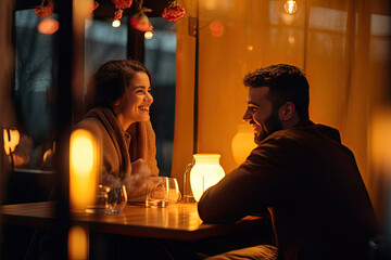 A loving and happy couple, a young man and woman, enjoy a romantic date at a cozy bar.