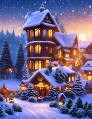 Fototapeta na wymiar Winter is coming Snowy night with coniferous forest houses in snow light garlands falling snow forest landscape, winter and New Year holidays. Festive winter landscape. Christmas