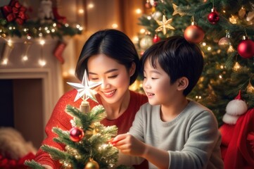 happy dreamy adorable asian woman decorating Christmas tree with happy Son, putting toys on branches, enjoying preparing for New Year celebration at home, miracle time concept