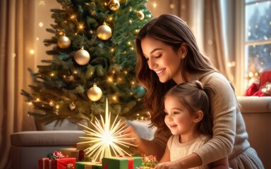 Fototapeta na wymiar happy overjoyed adorable half american beautiful girl decorating Christmas tree with happy Mother, putting toys on branches, enjoying preparing for New Year celebration at home, miracle time concept