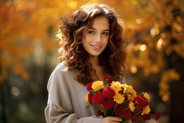Naklejka premium A stylish and beautiful young woman enjoys a leisurely autumn walk in the park, surrounded by vibrant fall foliage and holding a bouquet of colorful leaves.