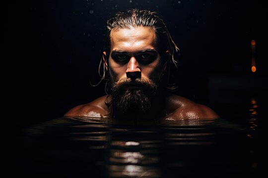 portrait of a handsome and attractive young man in his 30s. He has a fit and muscular physique in water