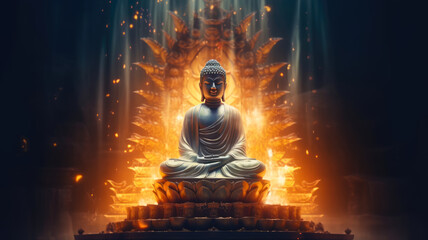 Enlightenment's Glow - Radiant Light Emanating from Buddha Statue Symbolizing Spiritual Illumination, AI-Generated 8K Image.