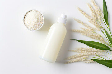 Cosmetic skin care product body lotion, face cream or mask on background of rice or oatmeal