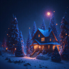 Winter is coming Snowy night with coniferous forest houses in snow light garlands falling snow forest landscape, winter and New Year holidays. Festive winter landscape. Christmas