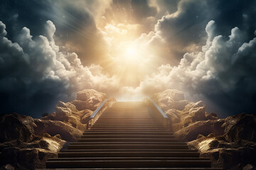 Stairway leading up to sky. Stairway to heaven. - obrazy, fototapety, plakaty
