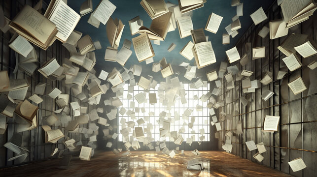 Biblioteca digital, mundo literario con libros volando en una lluvia de informacion digital en colores rosas , verdes y blancos