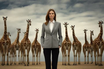 Rolgordijnen A woman standing in front of a herd of giraffes. Imaginary photorealistic image. © tilialucida