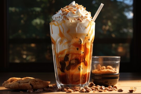 A dessert sundae with whipped cream and caramel. Fictional image. Brown butter flavor.