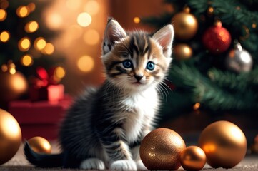 Fototapeta premium Adorable kitten playing with christmas bauble on background of christmas tree and ornaments in warm illumination lights. Cozy winter holidays, Merry Christmas and happy new year