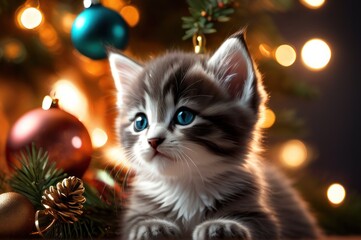 Adorable kitten playing with christmas bauble on background of christmas tree and ornaments in warm illumination lights. Cozy winter holidays, Merry Christmas and happy new year