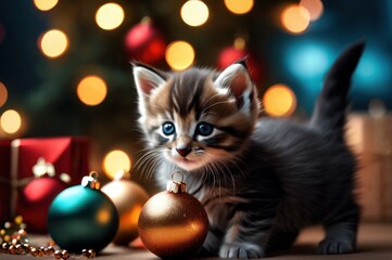 Adorable kitten playing with christmas bauble on background of christmas tree and ornaments in warm illumination lights. Cozy winter holidays, Merry Christmas and happy new year