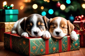 Two puppies as christmas present for children concept. Two months old adorable doggy on under holiday tree with wrapped gift boxes, festive lights. Festive background, close up. Happy new year