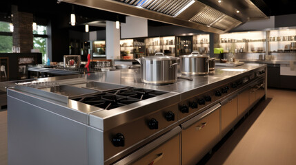 Modern kitchen interior with stainless steel stove and cooker. Blurred background.