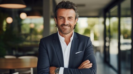 Fototapeta premium Portrait of a 45-year-old businessman in office. Generative AI