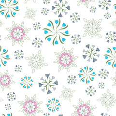 Vector Seamless Floral Repeat Pattern Design Featuring Wheels of Pink Peonies, Purple Lilies, Teal Blue Tulips, and Green Art Line Leaves Scattered on a White Background