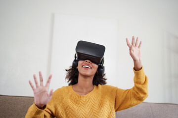 Young woman using VR headset in glasses of virtual reality technology VR experience Future technology concept.